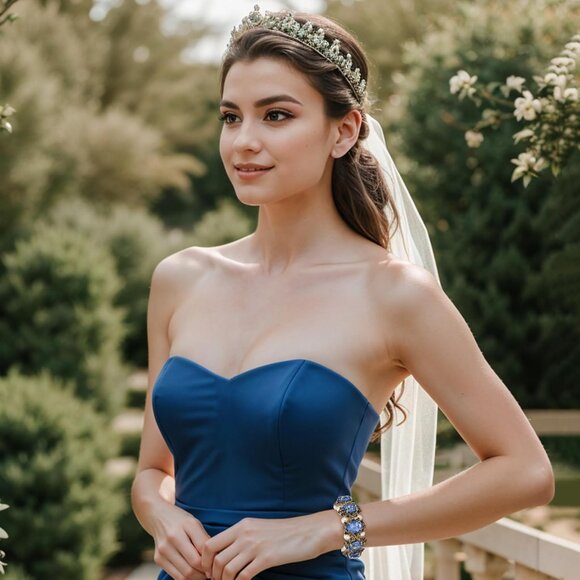 Women's Blue Gold Victorian Style Crystal Simulated Inspired Stretch Bracelet - Picture 2 of 6